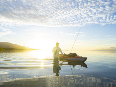 Fly Fishing Photography Portfolio Molokai Hawaii sunrise reflection wading with kayak bonefish flats